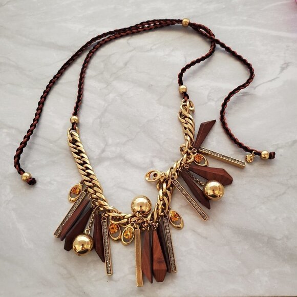 ✨ J.Crew Geometric Wood Rhinestones Crystals Balls Cord Necklace ✨ - Picture 7 of 16